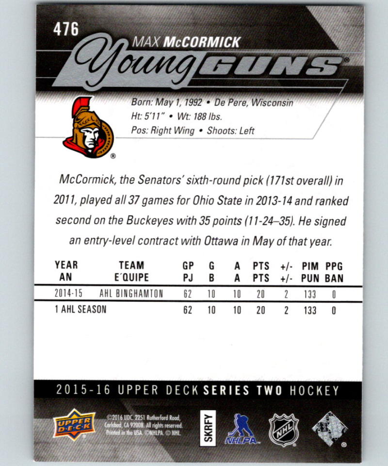 2015-16 Upper Deck #476 Max McCormick Young Guns YG RC Rookie Y861 Image 2