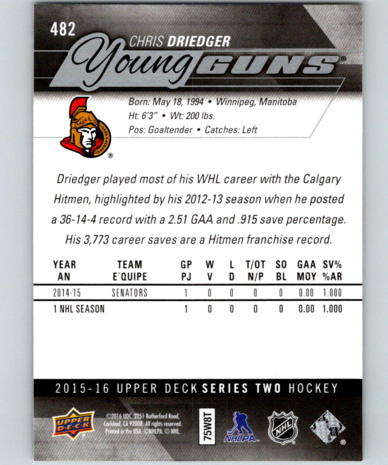 2015-16 Upper Deck #482 Chris Driedger Young Guns YG RC Rookie Y861