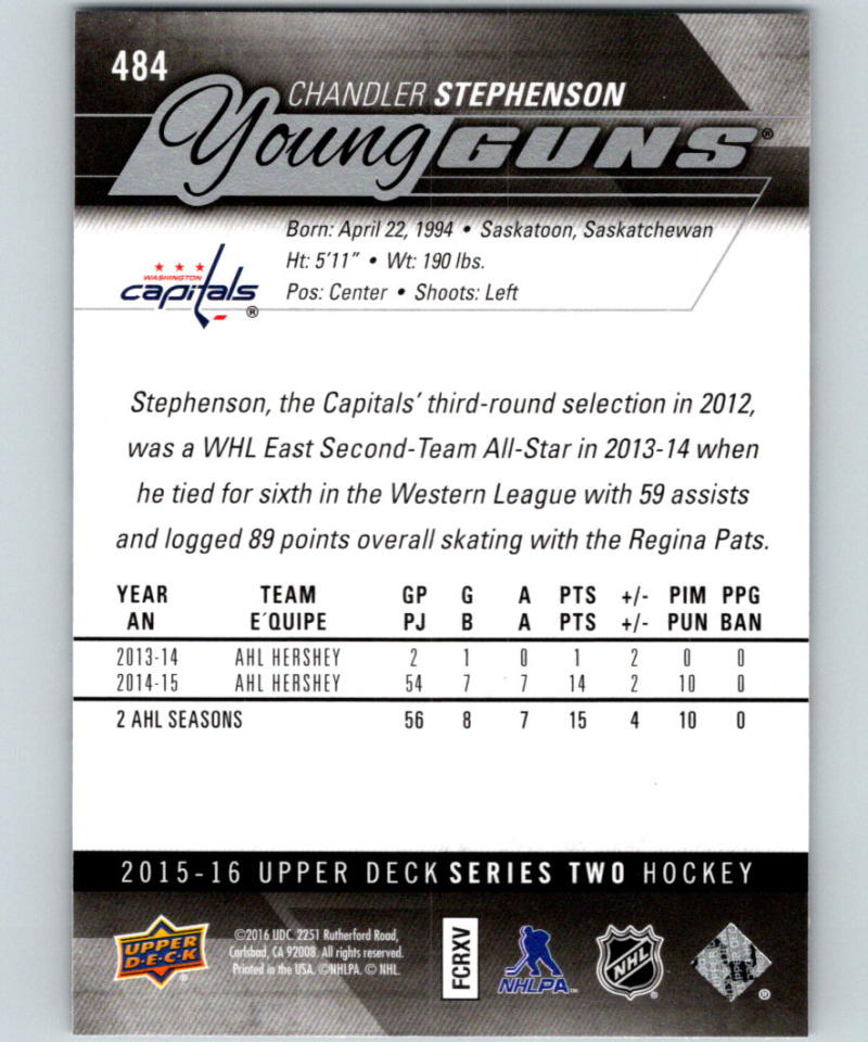 2015-16 Upper Deck #484 Chandler Stephenson Young Guns YG RC Rookie Y861