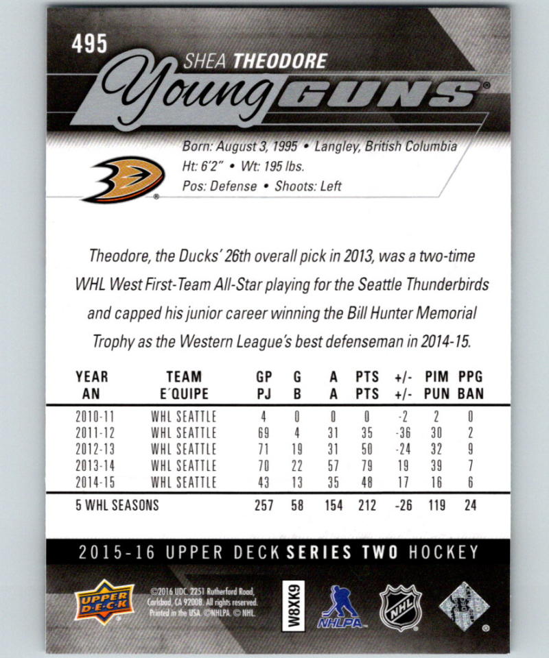 2015-16 Upper Deck #495 Shea Theodore Young Guns YG RC Rookie Y861