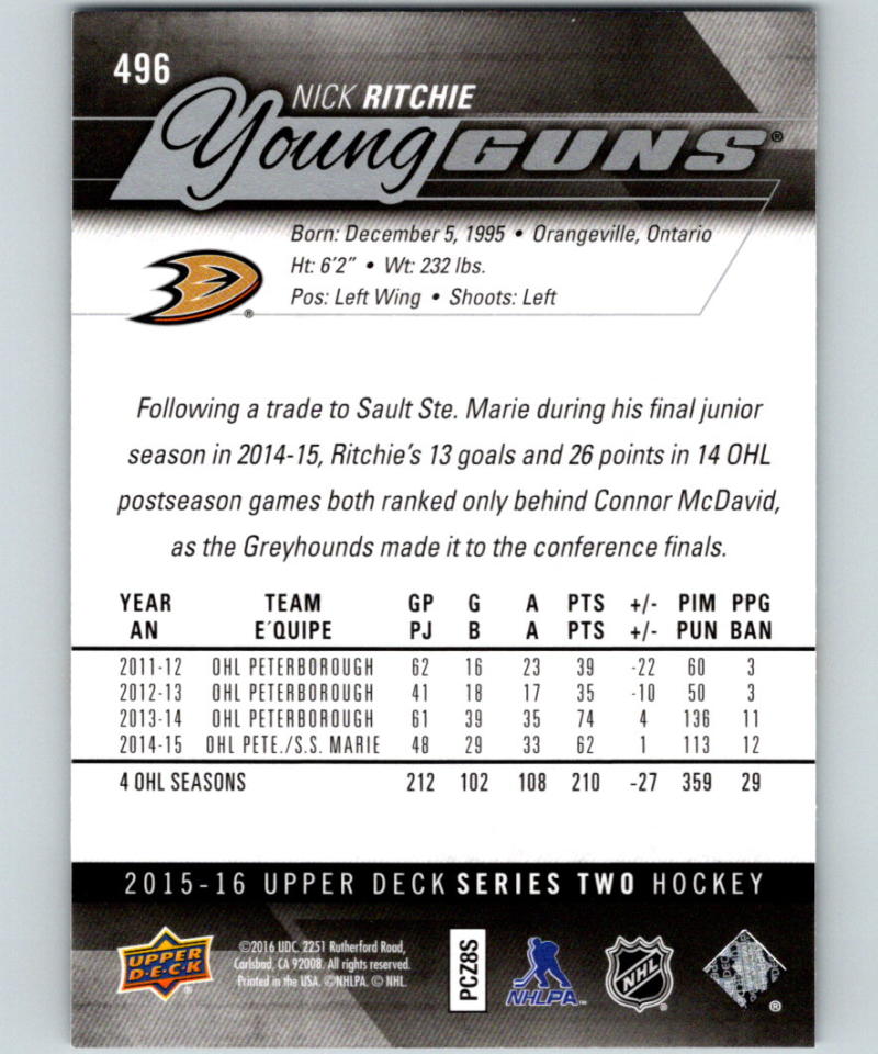 2015-16 Upper Deck #496 Nick Ritchie Young Guns YG RC Rookie Y861
