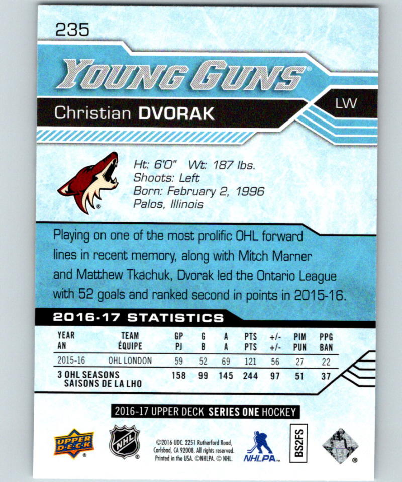 2016-17 Upper Deck #235 Christian Dvorak Young Guns MINT RC Rookie Y861