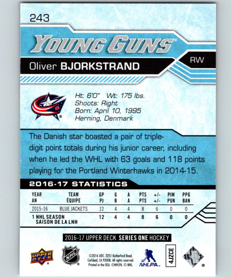 2016-17 Upper Deck #243 Oliver Bjorkstrand Young Guns MINT RC Rookie Y861