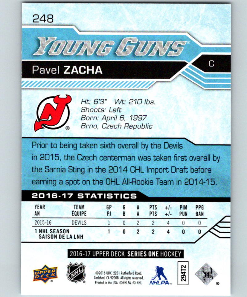 2016-17 Upper Deck #248 Pavel Zacha Young Guns MINT RC Rookie Y861