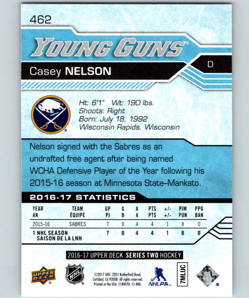 2016-17 Upper Deck #462 Casey Nelson Young Guns MINT RC Rookie Y861