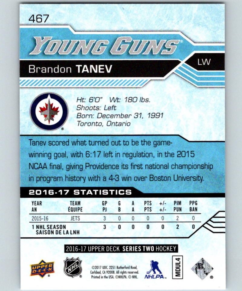 2016-17 Upper Deck #467 Brandon Tanev Young Guns MINT RC Rookie Y861