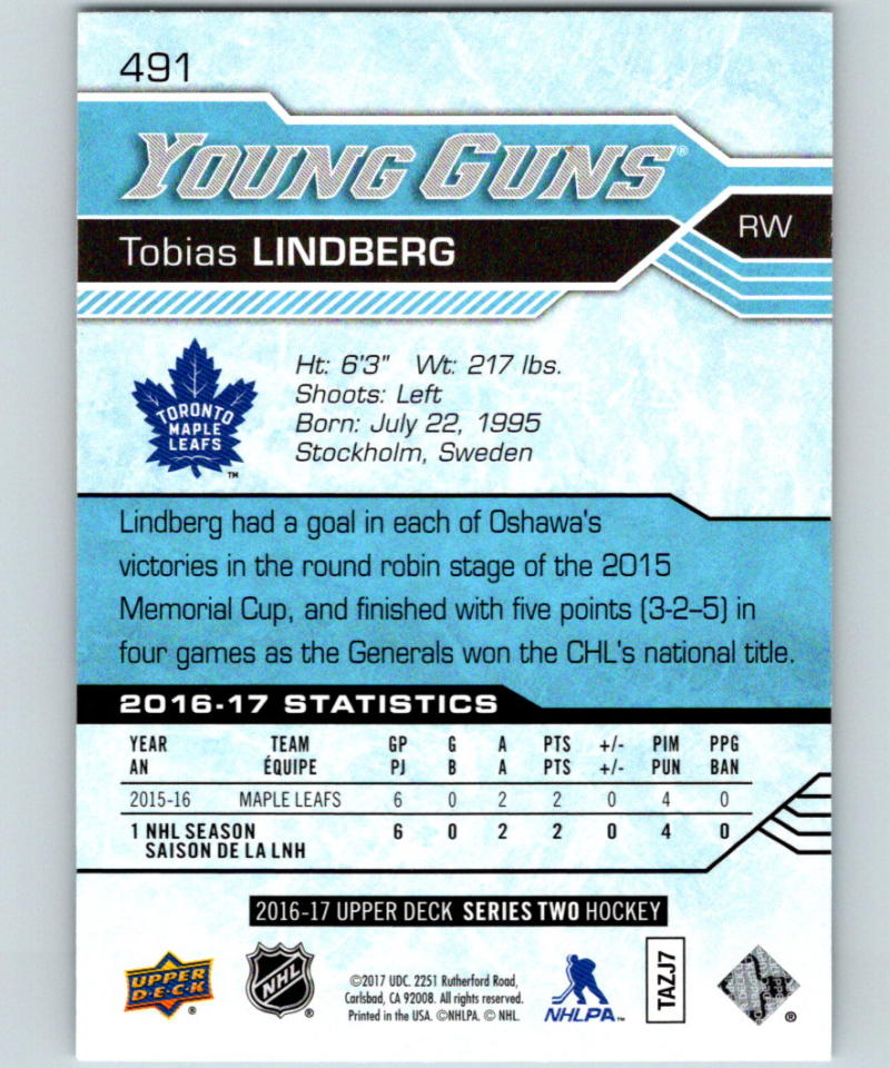 2016-17 Upper Deck #491 Tobias Lindberg Young Guns MINT RC Rookie Y861