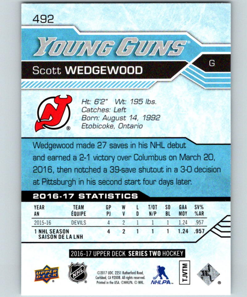 2016-17 Upper Deck #492 Scott Wedgewood Young Guns MINT RC Rookie Y861