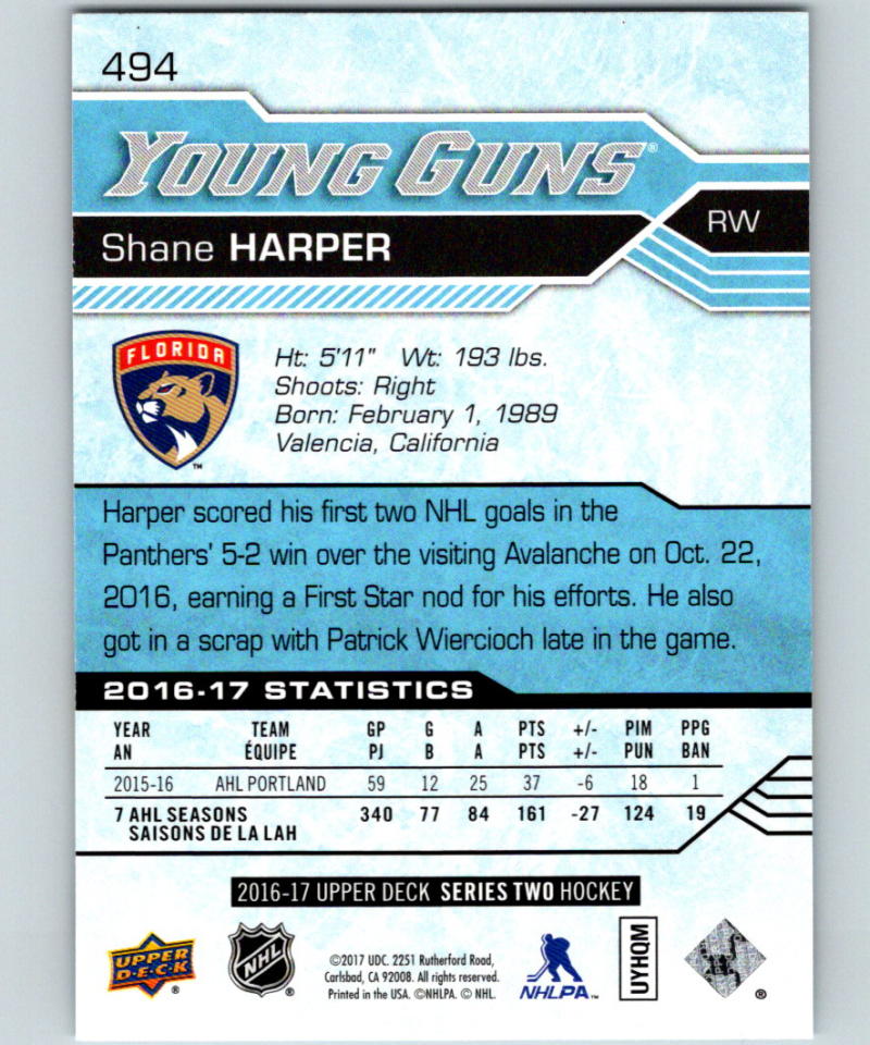 2016-17 Upper Deck #494 Shane Harper Young Guns MINT RC Rookie Y861