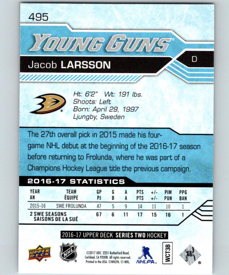 2016-17 Upper Deck #495 Jacob Larsson Young Guns MINT RC Rookie Y861