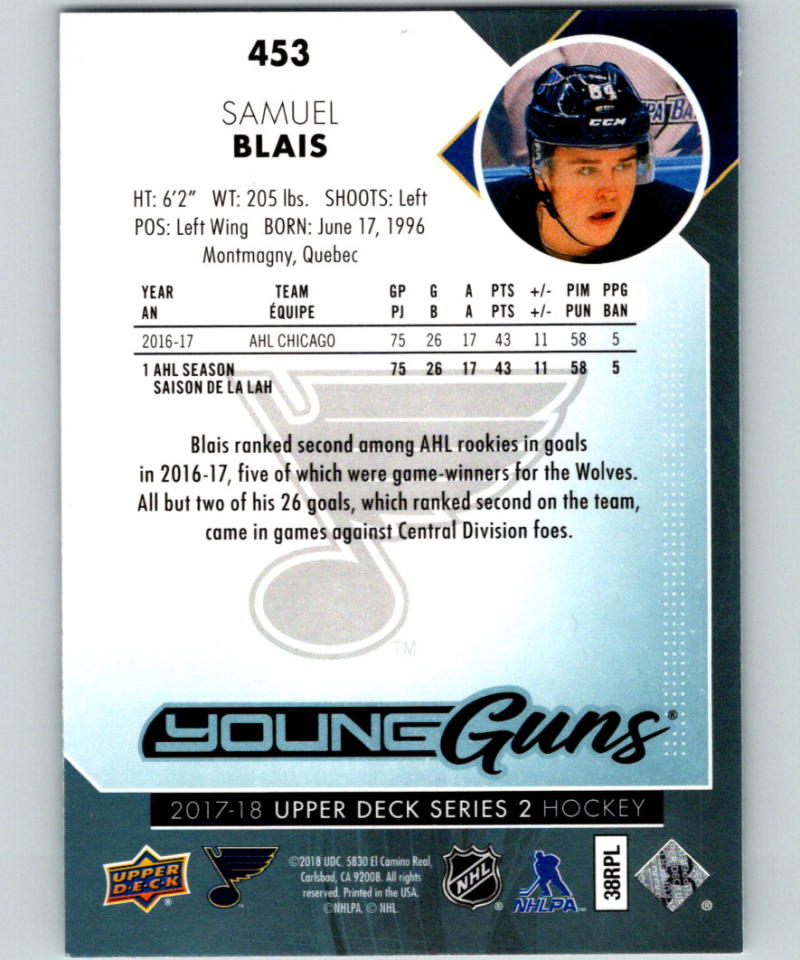 2017-18 Upper Deck #453 Samuel Blais Young Guns MINT RC Rookie Y861