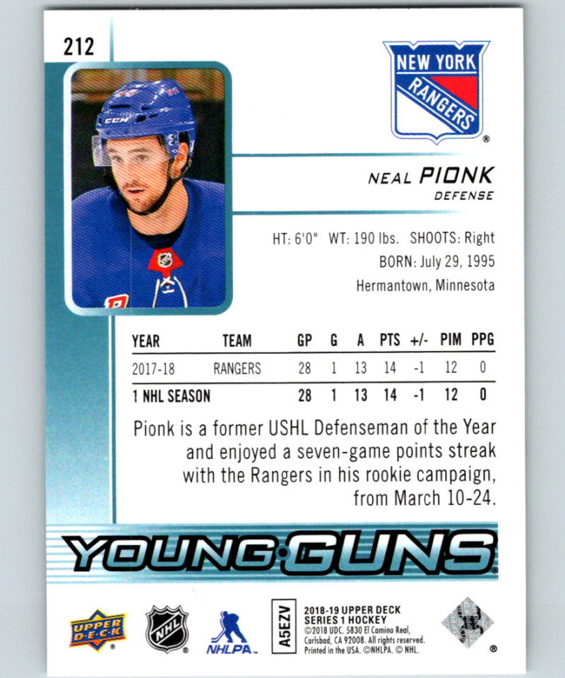 2018-19 Upper Deck #212 Neal Pionk Young Guns MINT RC Rookie Y861