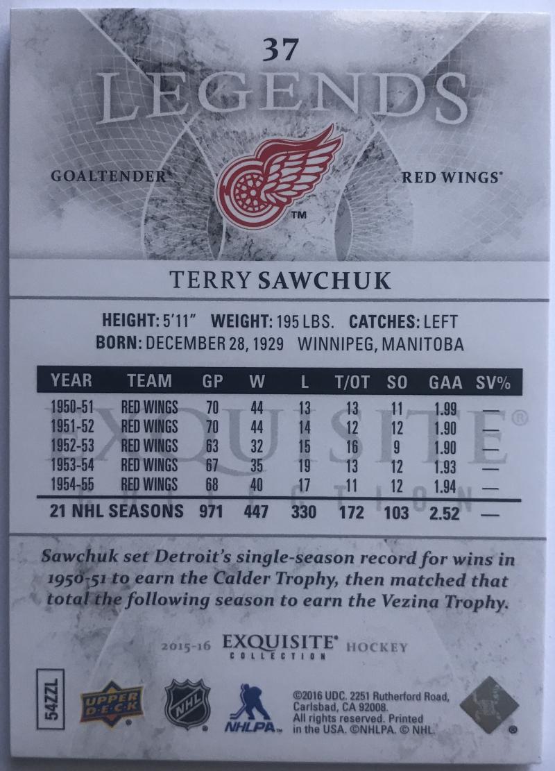 2015-16 Upper Deck Exquisite Collection Terry Sawchuk MINT 301/499 Wings 07624