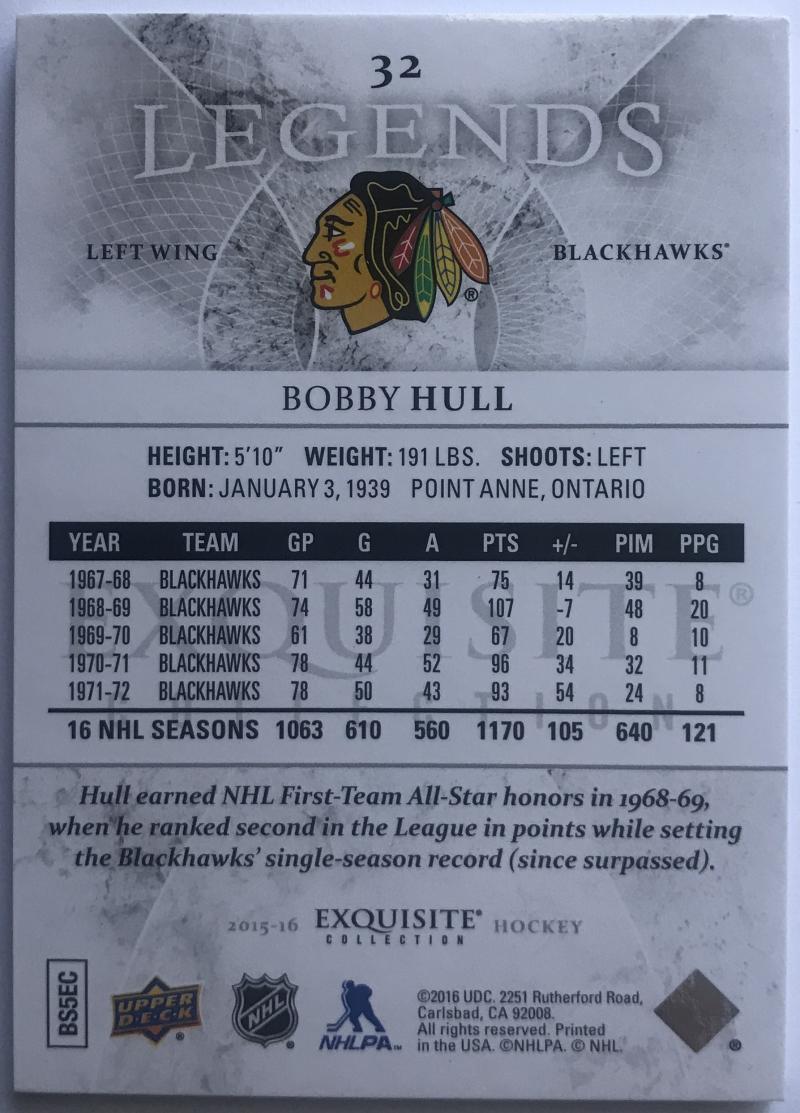 2015-16 Upper Deck Exquisite Collection Bobby Hull MINT 32/499 Chicago 07625 Image 2