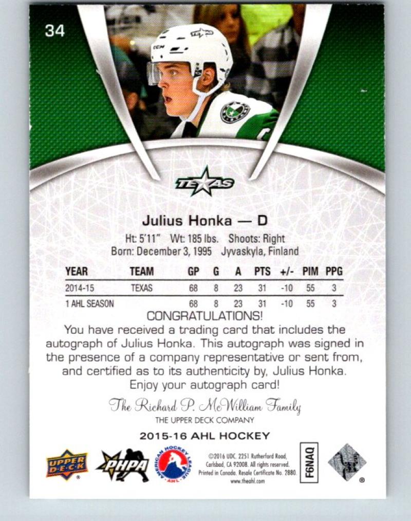 2015-16 Upper Deck AHL Autographs #34 Julius Honka MINT  Auto Texas Stars 07657