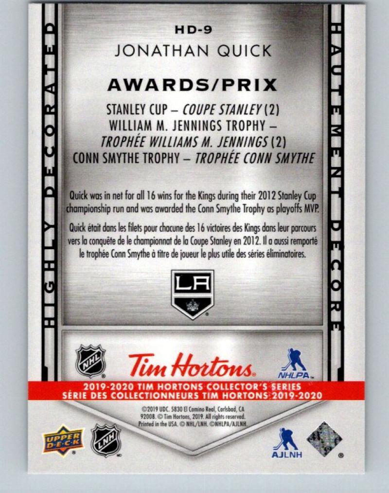 2019-20 Upper Deck Tim Hortons Highly Decorated #HD-9 Jonathan Quick MINT 07163 Image 2