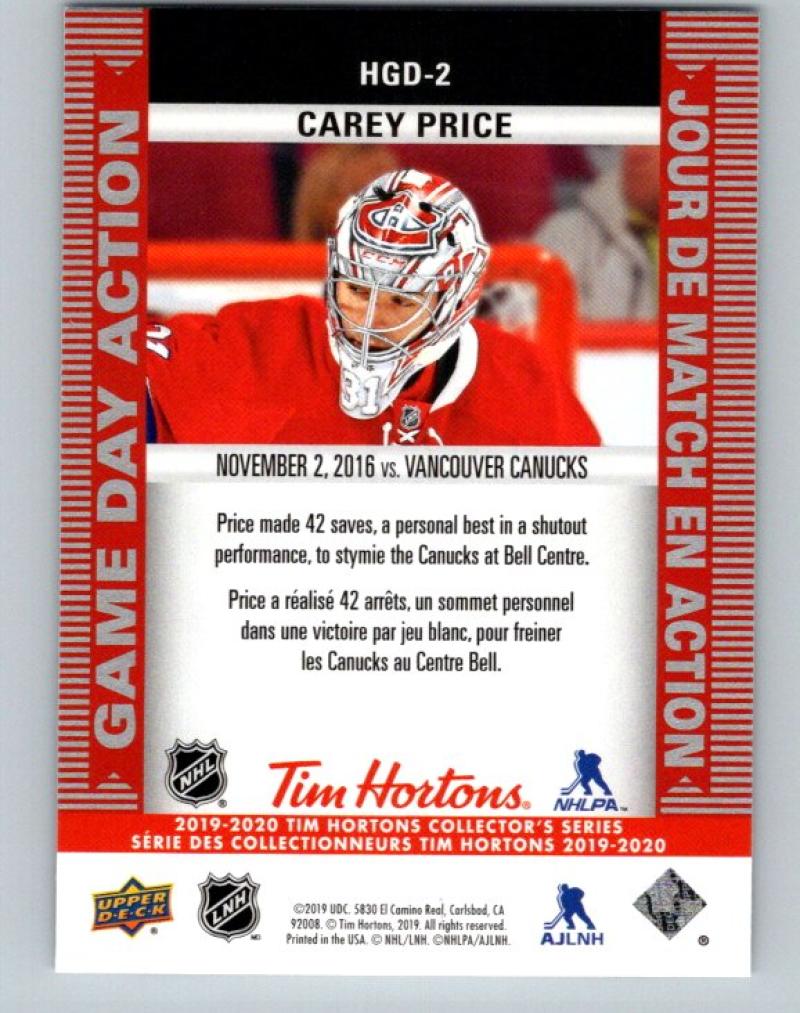 2019-20 Upper Deck Tim Hortons Game Day Action #HGD-2 Carey Price MINT 07175 Image 2