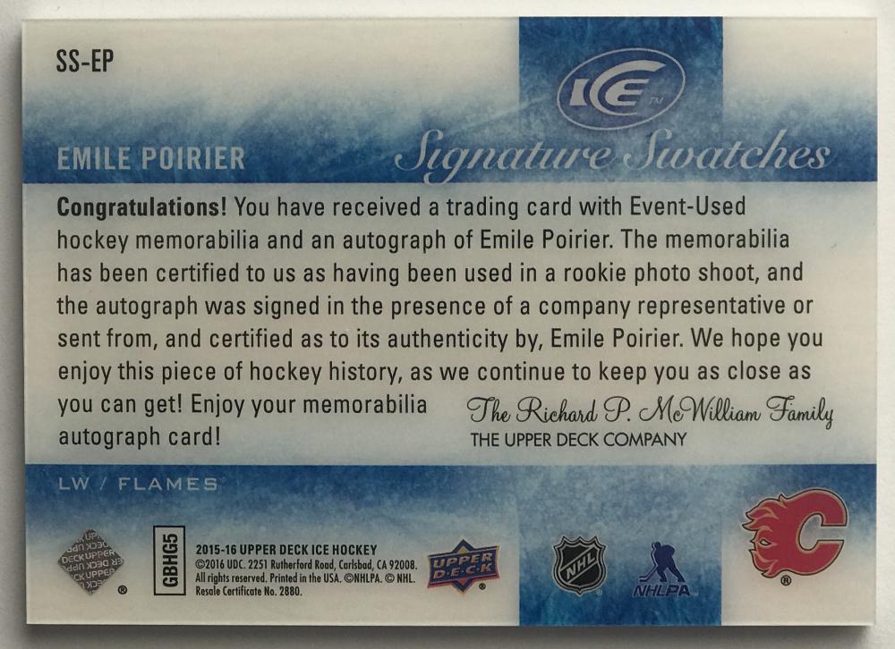 2015-16 Upper Deck Ice Signature Swatches Emile Poirier NHL Auto 07711