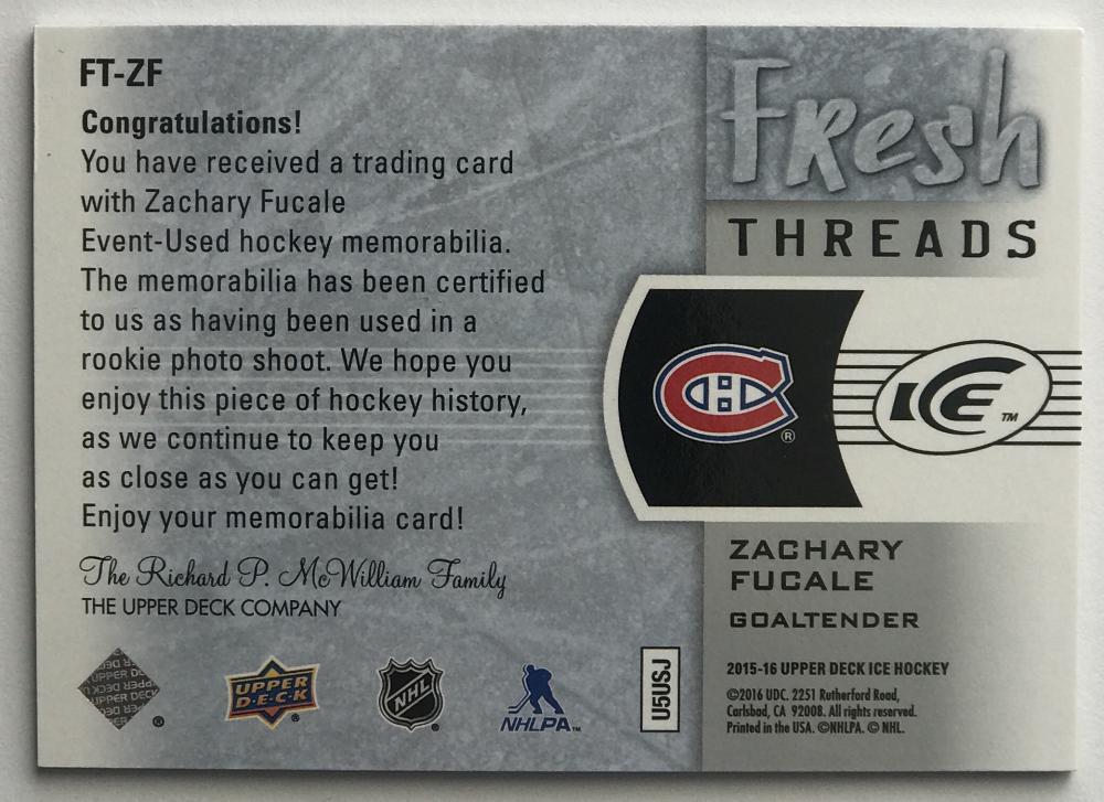 2015-16 Upper Deck Ice Fresh Threads Zachary Fucale NHL Jersey 07712 Image 2