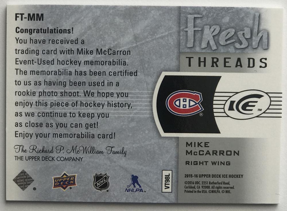 2015-16 Upper Deck Ice Fresh Threads Mike McCarron NHL Jersey 07713 Image 2