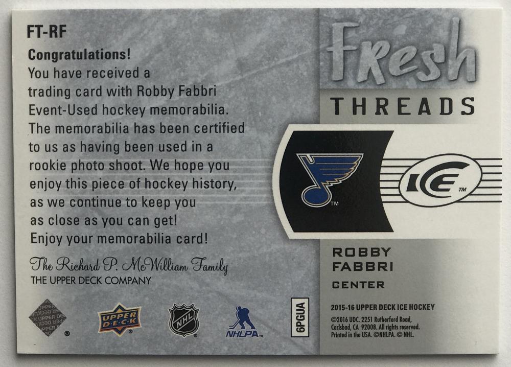 2015-16 Upper Deck Ice Fresh Threads Robby Fabbri NHL Jersey 07714 Image 2