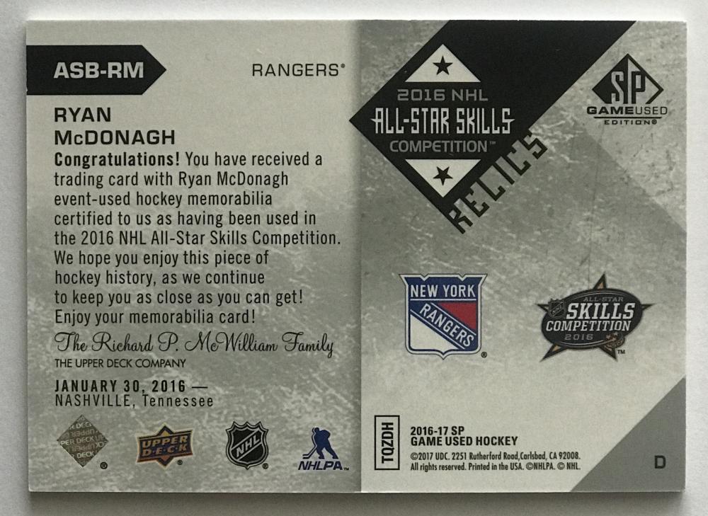 2016-17 SP Game Used All-Star Skills Relic Blends Ryan McDonagh 07719