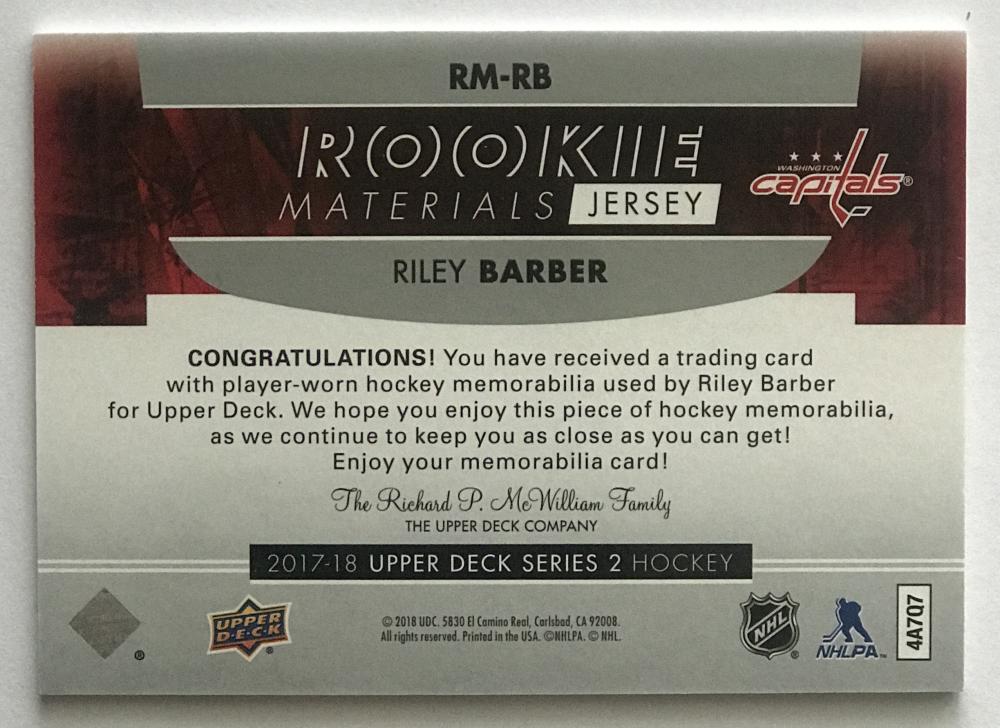 2017-18 Upper Deck Rookie Materials Riley Barber NHL Jersey 07721 Image 2