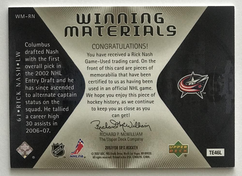 2007-08 Upper Deck SPx Winning Materials Rick Nash NHL MINT Jersey 07722