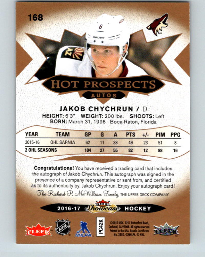 2016-17 UD Fleer Showcase Hot Prospects Autos Jakob Chychrun RC Rookie 07733