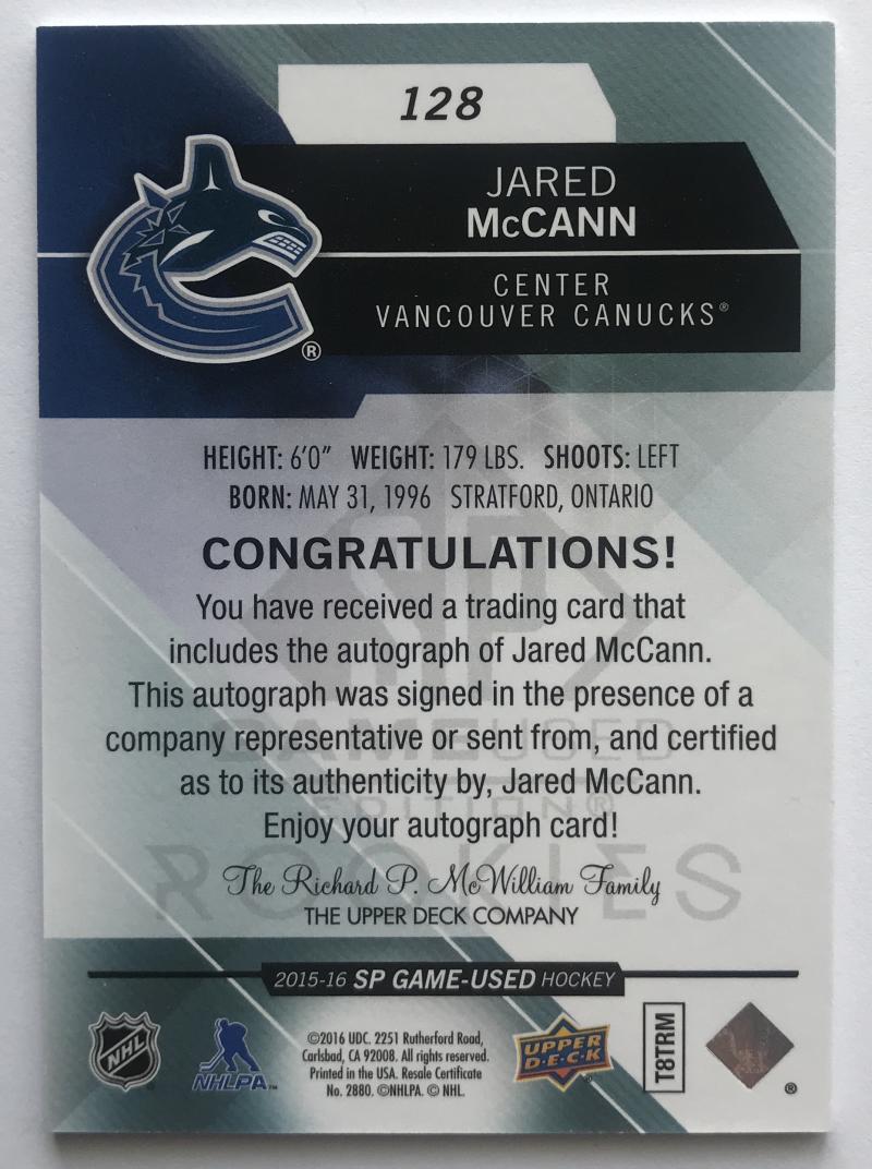 2015-16 Upper Deck SP Game Used Autographs Blue Jared McCann RC Rookie 07747