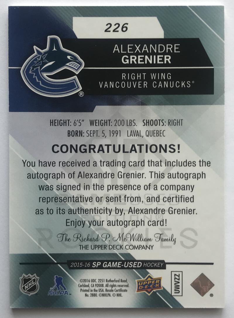 2015-16 SP Game Used Autographs Blue Alexandre Grenier Auto Rookie RC 07748