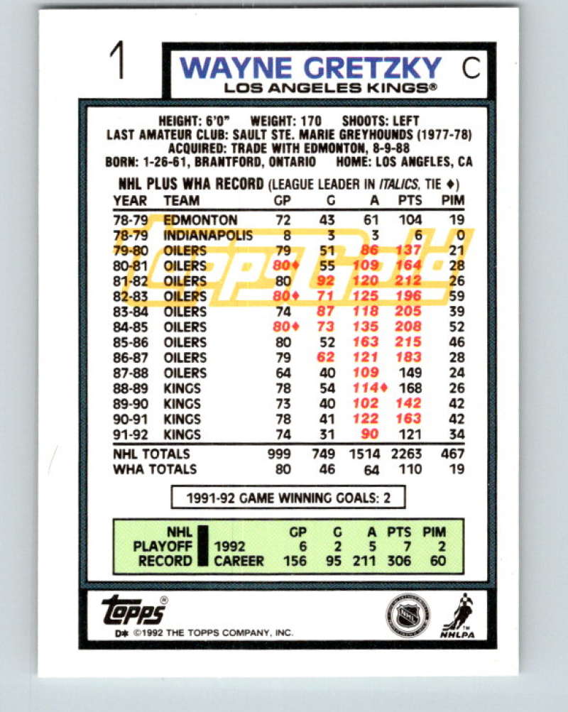 1992-93 Topps Gold #1G Wayne Gretzky Mint Los Angeles Kings