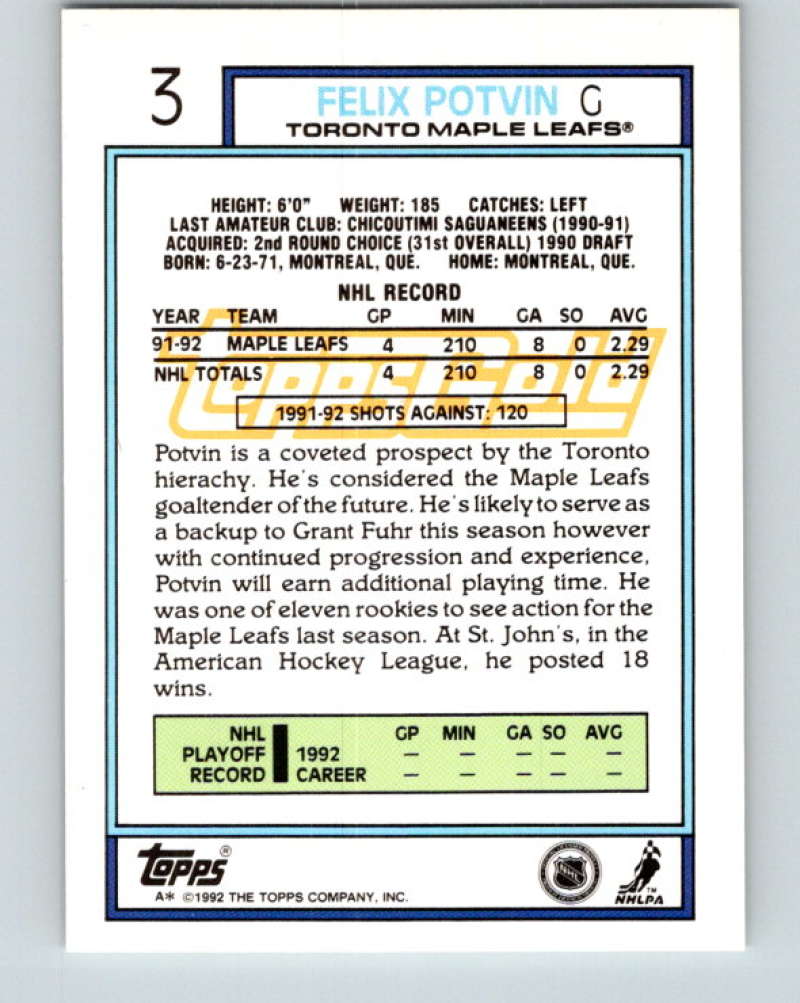 1992-93 Topps Gold #3G Felix Potvin Mint Toronto Maple Leafs