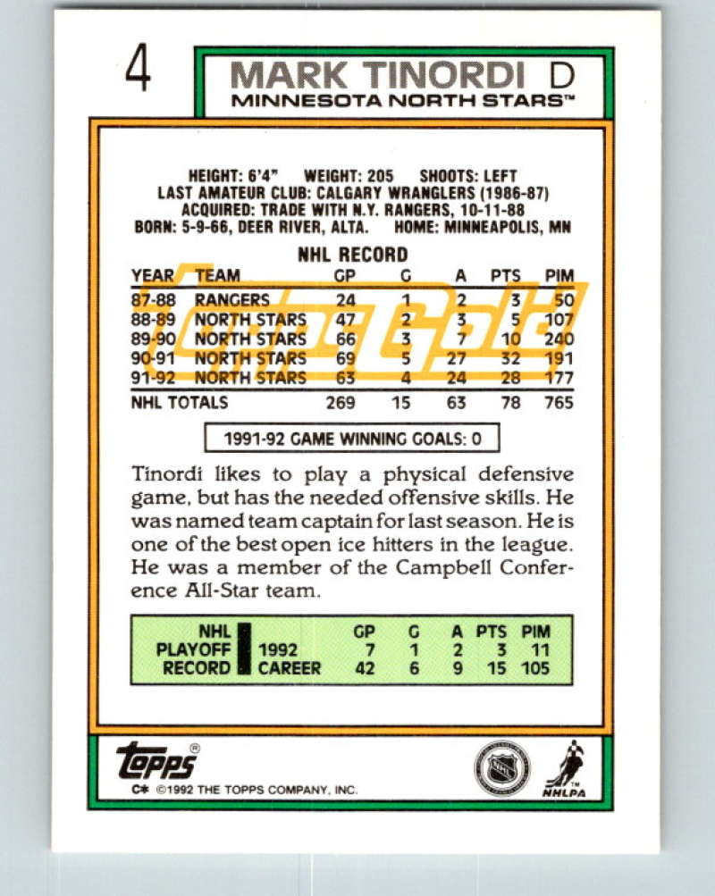 1992-93 Topps Gold #4G Mark Tinordi Mint Minnesota North Stars  Image 2