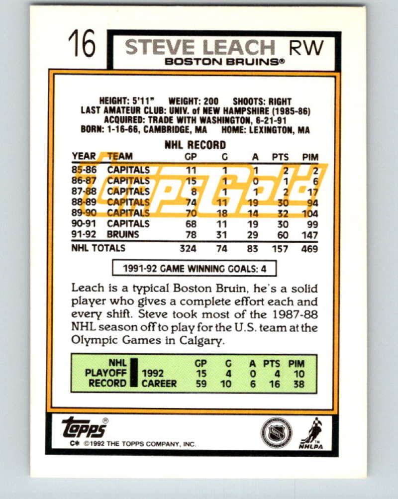 1992-93 Topps Gold #16G Steve Leach Mint Boston Bruins  Image 2