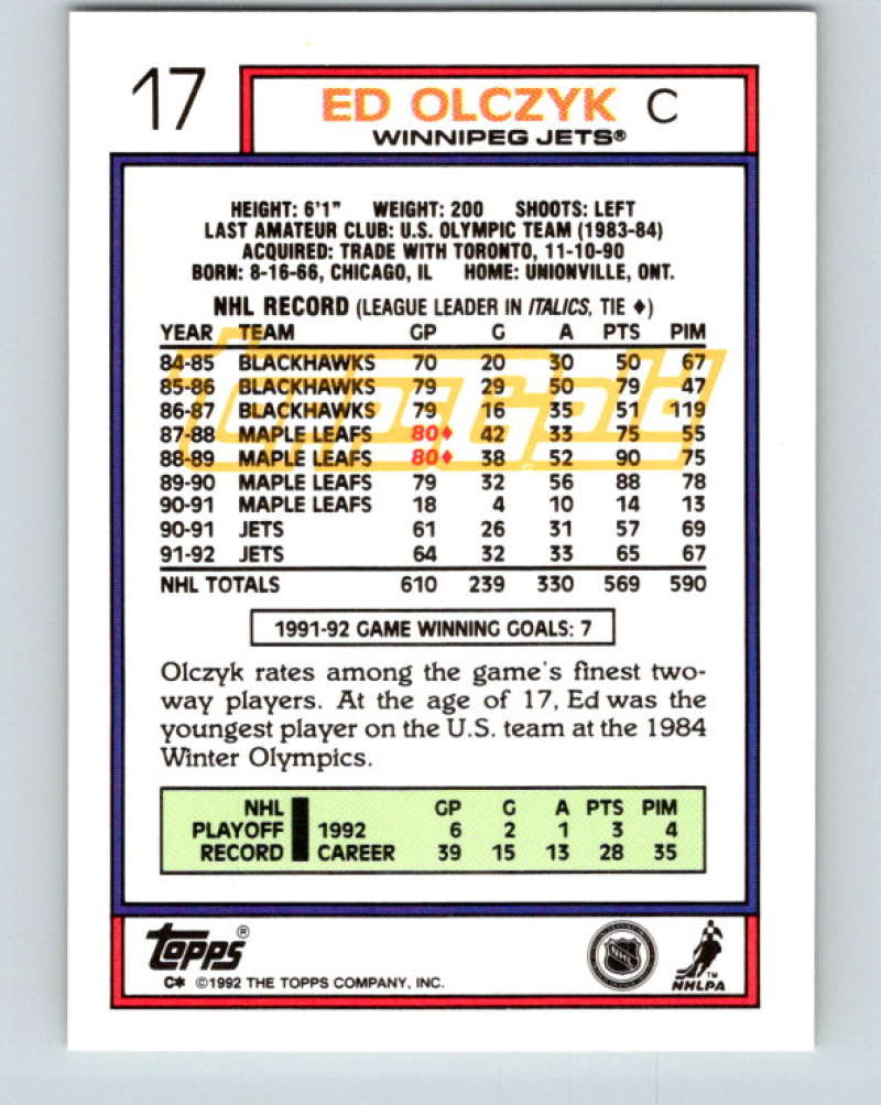 1992-93 Topps Gold #17G Ed Olczyk Mint Winnipeg Jets