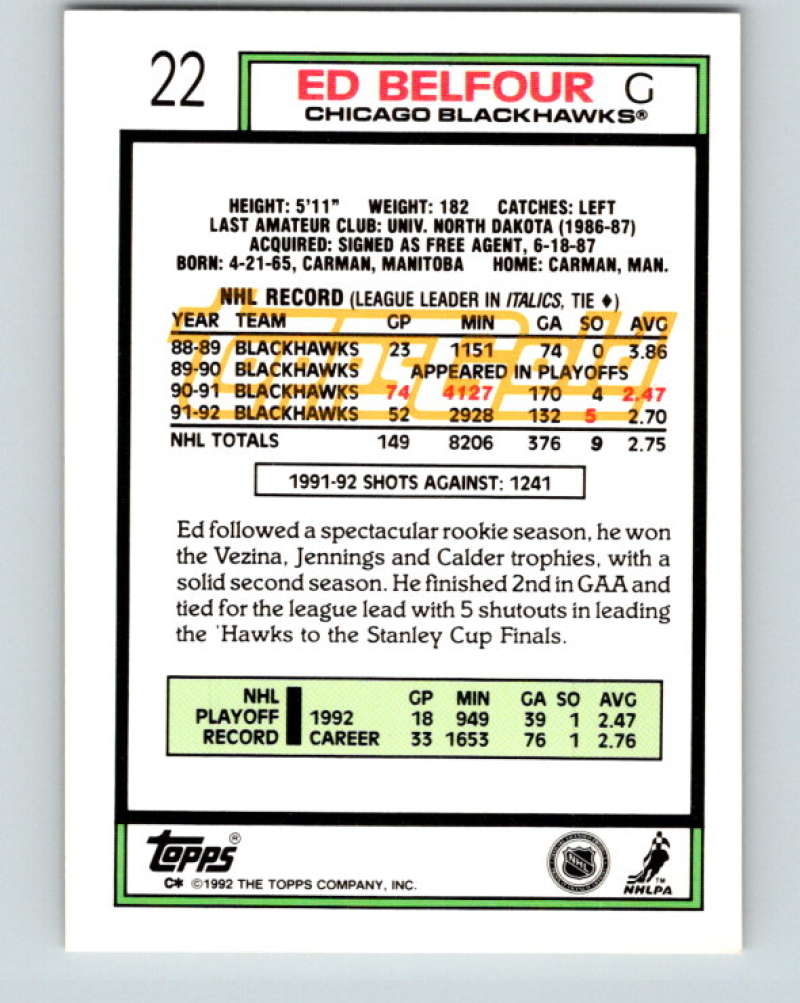 1992-93 Topps Gold #22G Ed Belfour Mint Chicago Blackhawks