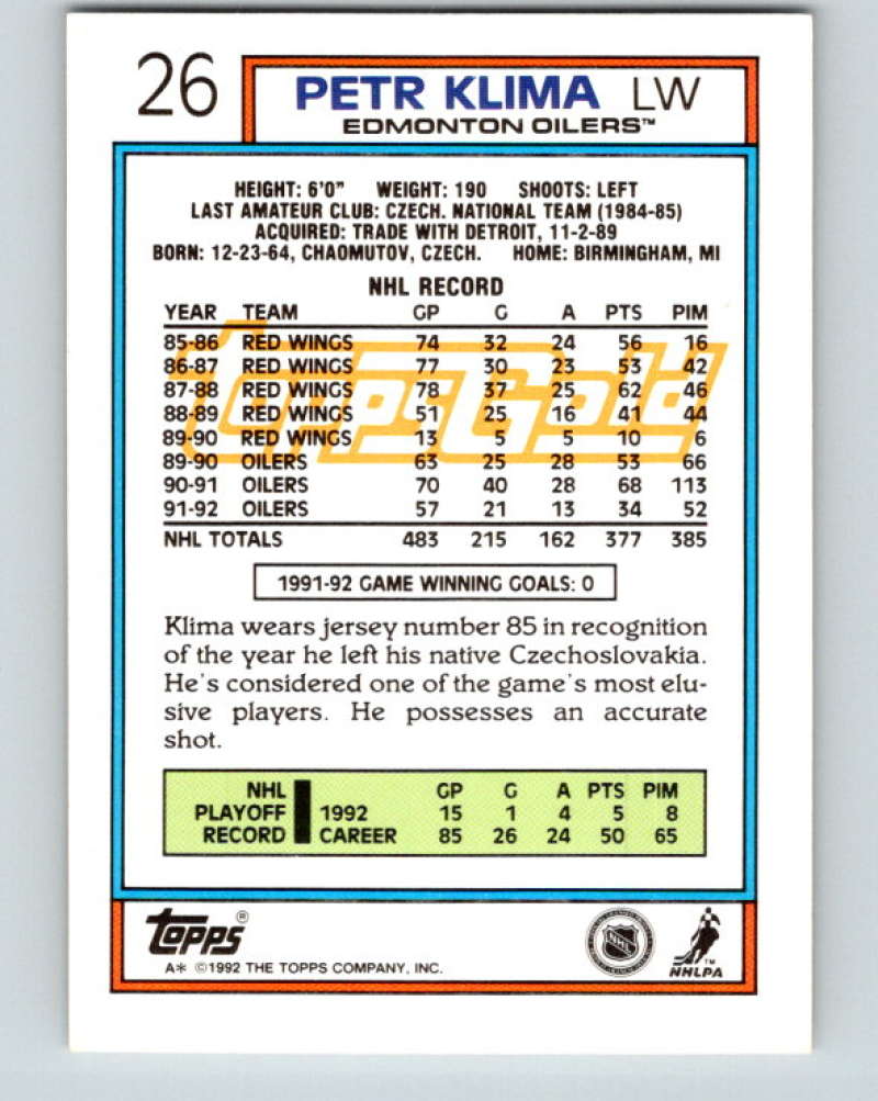 1992-93 Topps Gold #26G Petr Klima Mint Edmonton Oilers