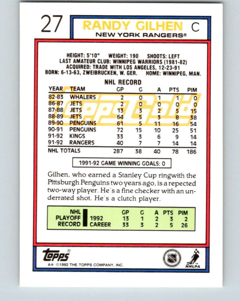 1992-93 Topps Gold #27G Randy Gilhen Mint New York Rangers  Image 2