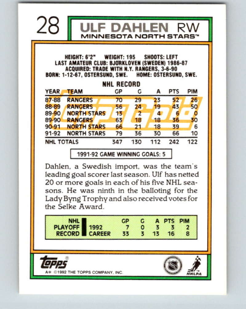 1992-93 Topps Gold #28G Ulf Dahlen Mint Minnesota North Stars  Image 2