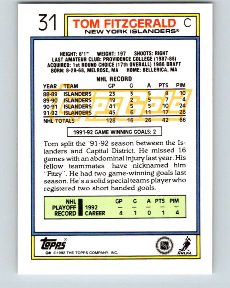 1992-93 Topps Gold #31G Tom Fitzgerald Mint New York Rangers  Image 2
