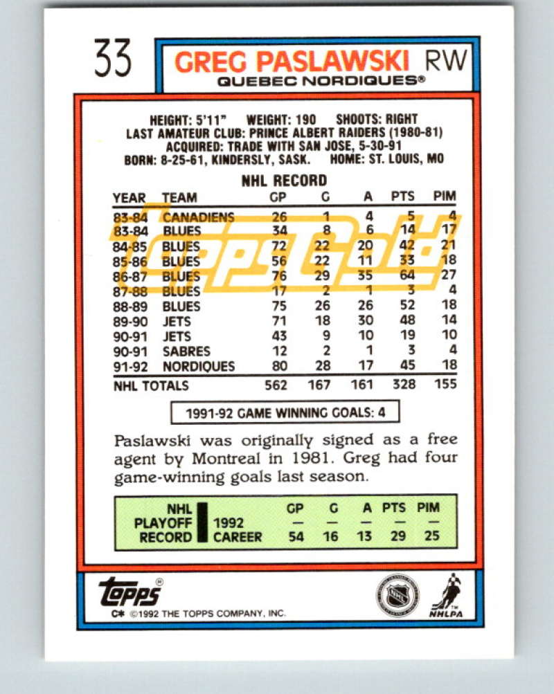 1992-93 Topps Gold #33G Greg Paslawski Mint Quebec Nordiques  Image 2