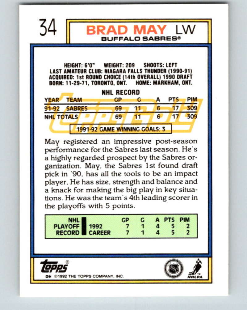 1992-93 Topps Gold #34G Brad May Mint Buffalo Sabres