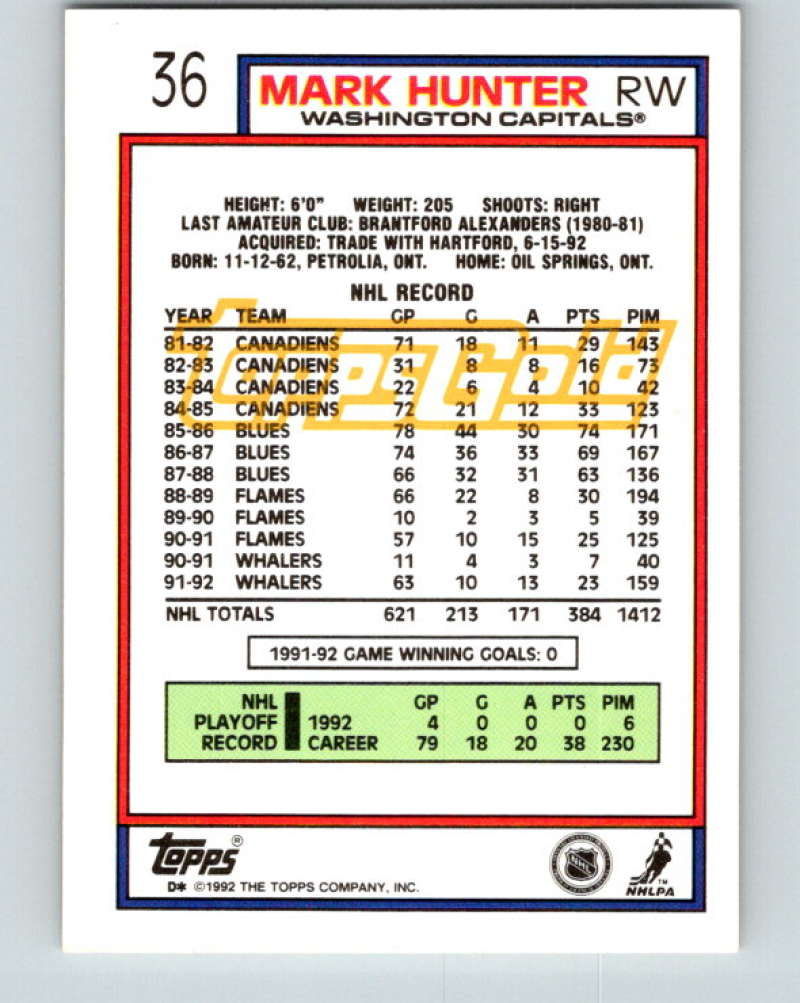 1992-93 Topps Gold #36G Mark Hunter Mint Washington Capitals