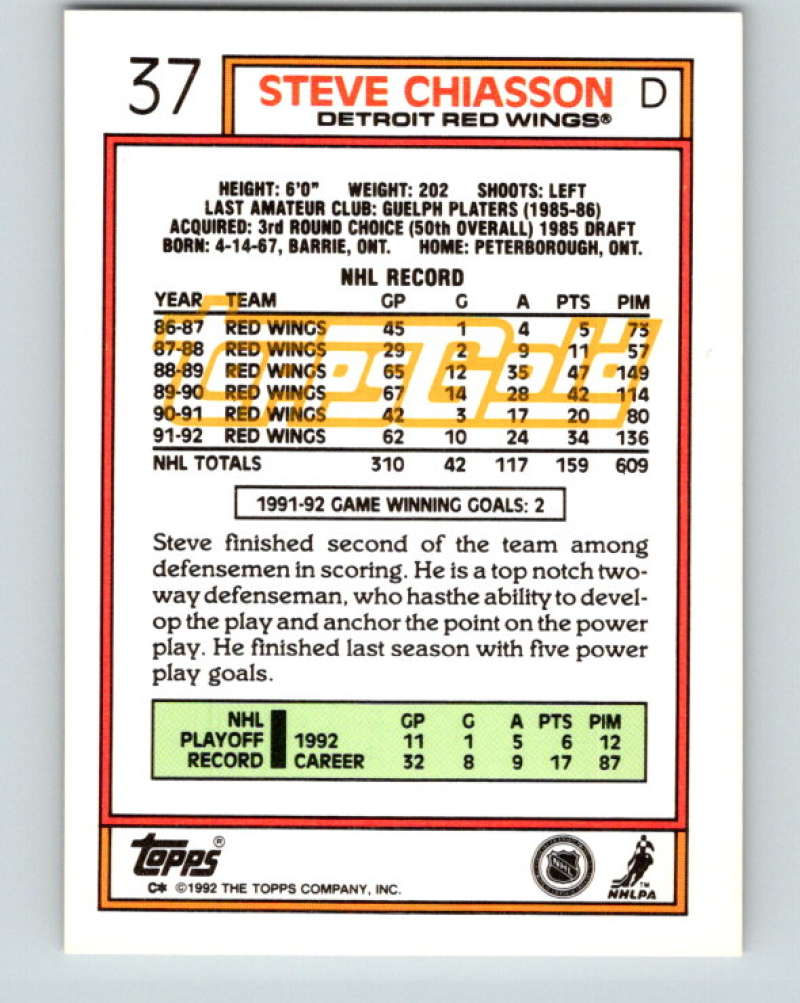 1992-93 Topps Gold #37G Steve Chiasson Mint Detroit Red Wings