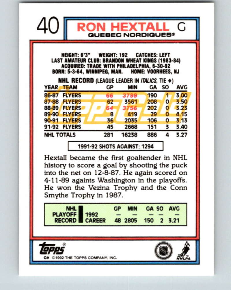 1992-93 Topps Gold #40G Ron Hextall Mint Quebec Nordiques