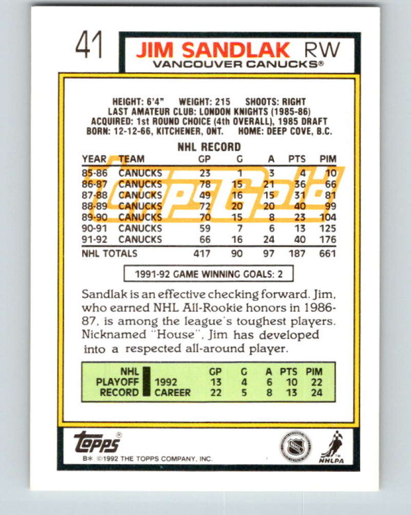 1992-93 Topps Gold #41G Jim Sandlak Mint Vancouver Canucks  Image 2