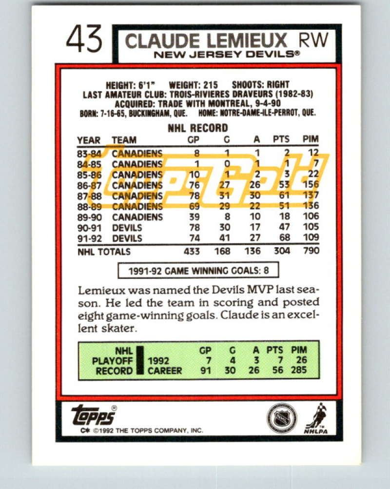 1992-93 Topps Gold #43G Claude Lemieux Mint New Jersey Devils
