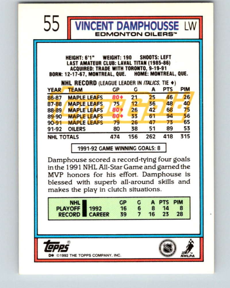 1992-93 Topps Gold #55G Vincent Damphousse Mint Edmonton Oilers  Image 2