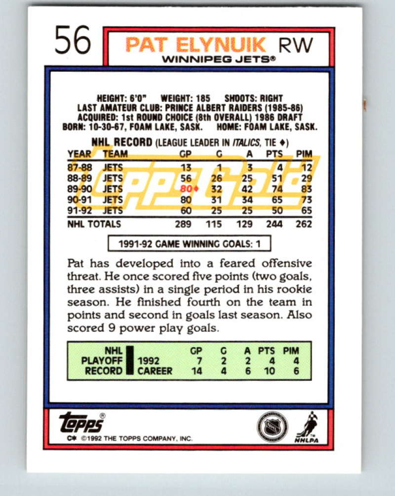1992-93 Topps Gold #56G Pat Elynuik Mint Winnipeg Jets